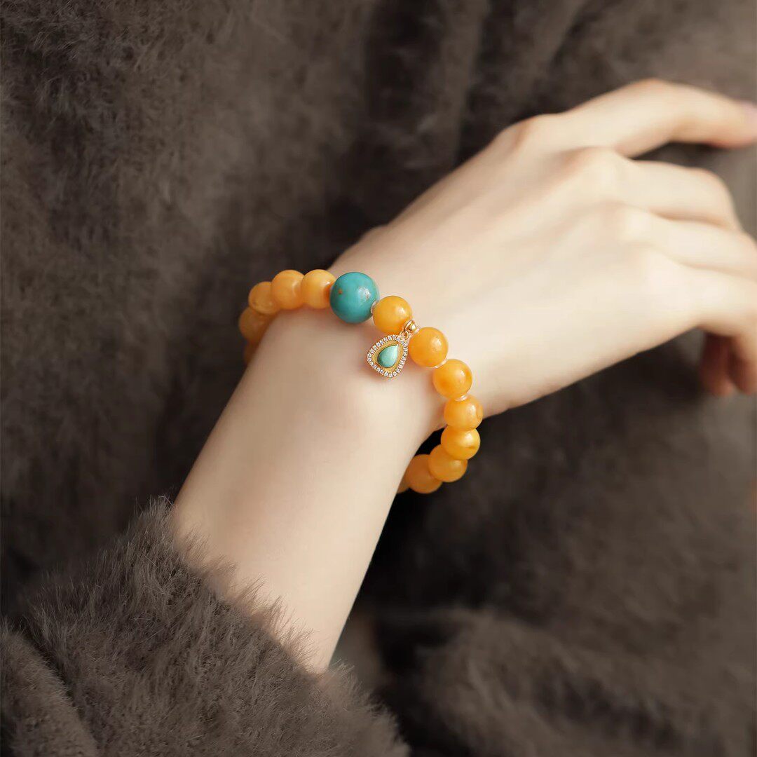 925银蜜蜡圆珠金色宝宝佛吊坠弹力手串女单圈百搭民族风 S12605