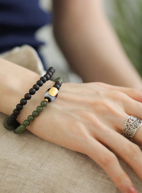 S925银降真香和田圆珠五条经文双层弹力绳手串女新中式 S08680