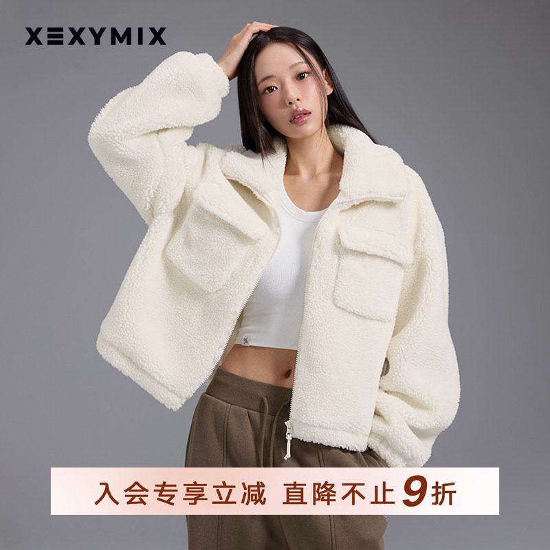 xexymix杰克茜韩国进口女双口袋短款仿羊羔绒外套保暖XFK3JL1101C