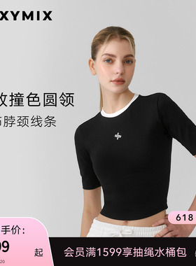 xexymix杰克茜韩国进口女撞色简约修身上衣短袖T恤瑜伽XFK2TS1103