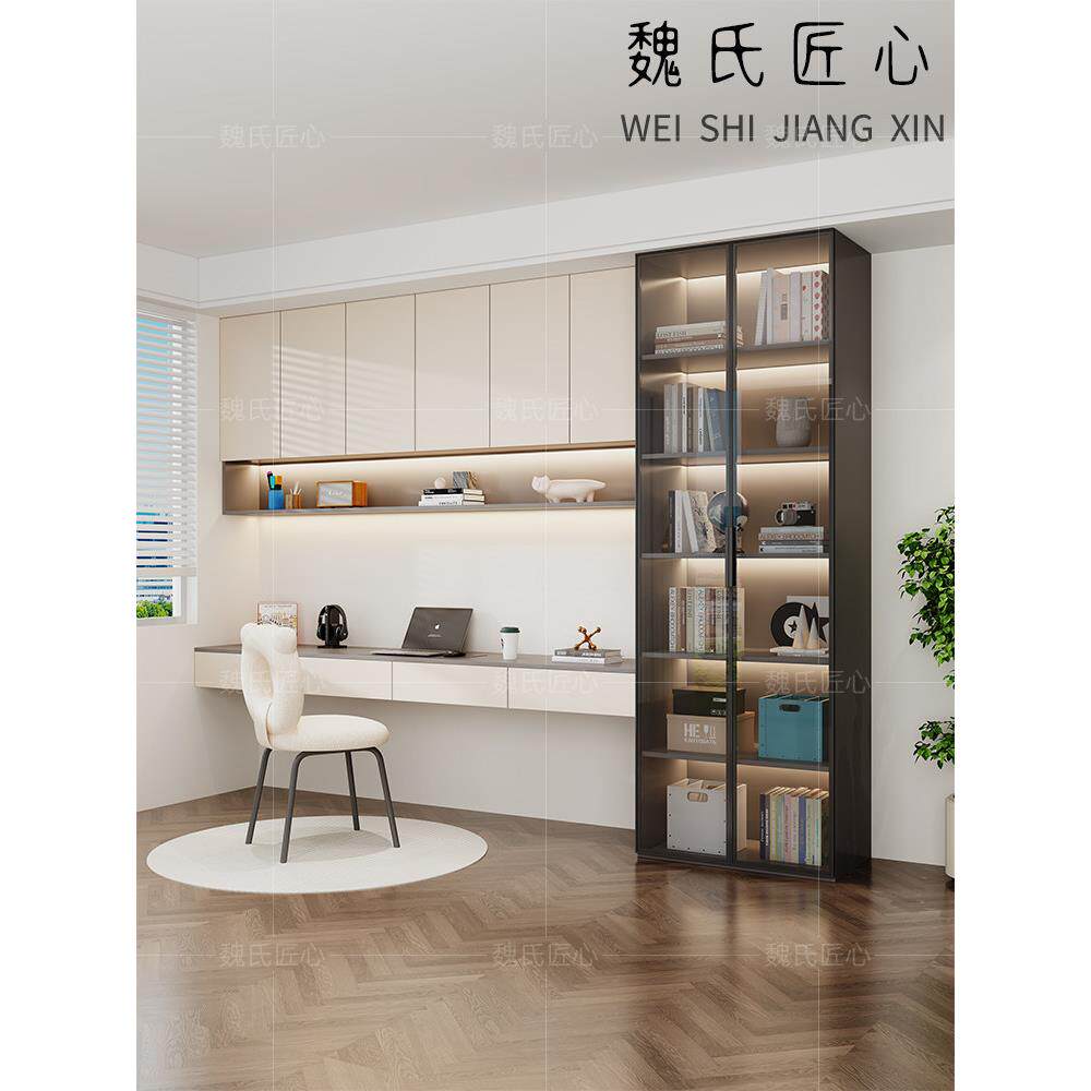 书桌书柜一体电脑桌书架组合柜子玻璃门展示柜卧室书房整墙储物柜