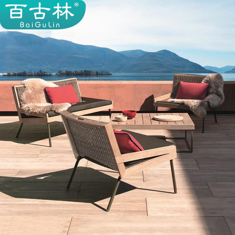 户外柚木沙发设计师户外休闲藤椅防水庭院阳台样板房藤沙发组合