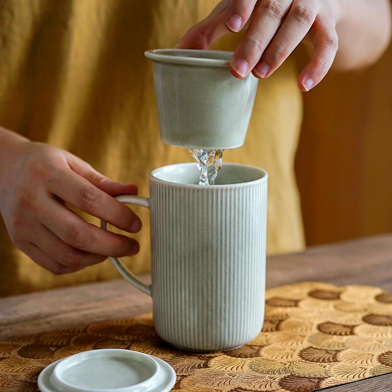 茶水分离杯子办公室泡茶杯日式陶瓷茶隔杯家用马克杯带盖过滤水杯