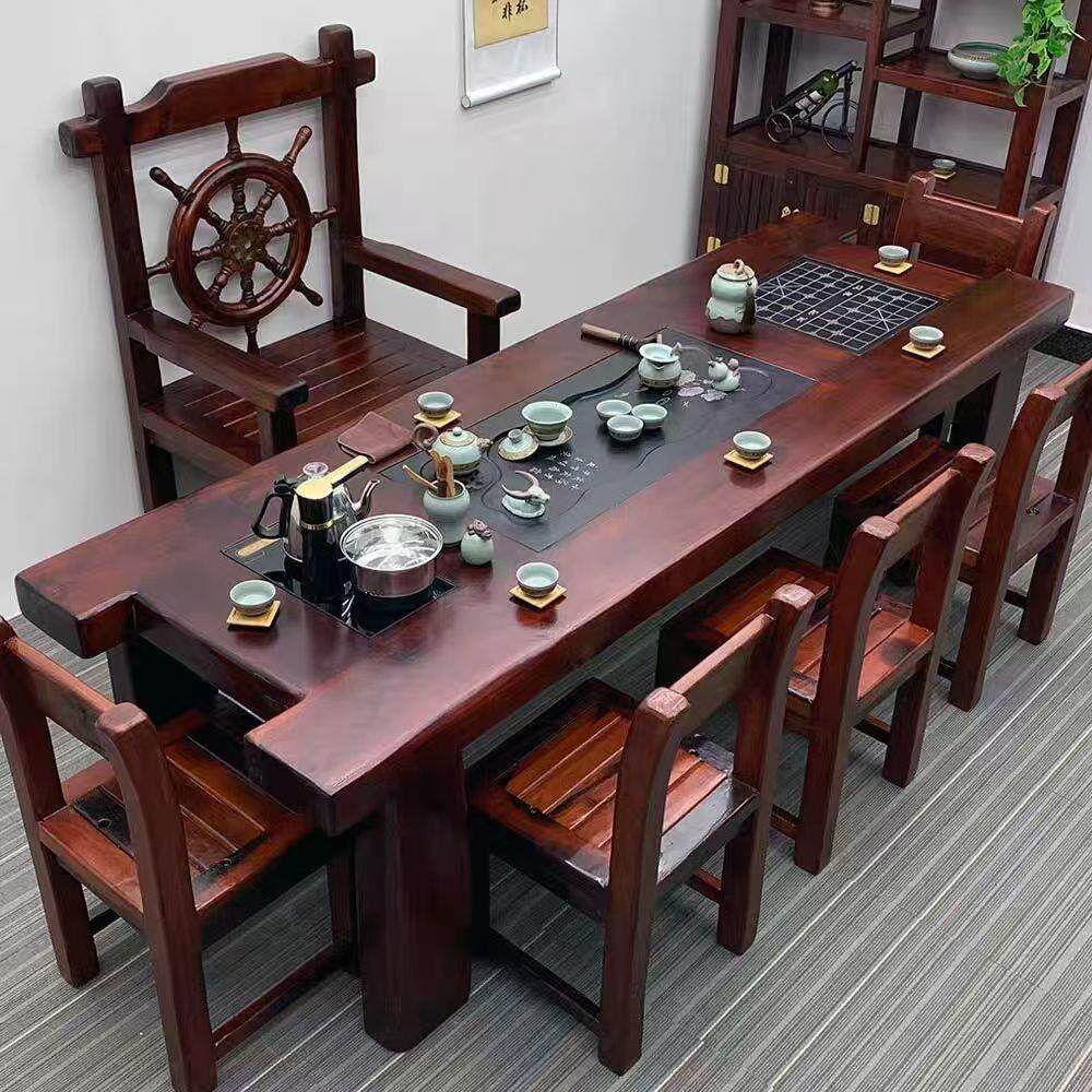 老船木茶桌椅组合新古典茶台办公室大款接待喝茶桌一体实木泡茶几