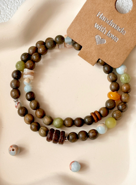 【椿莳】手工绿檀木手串原创国潮文玩新中式寿山石男女款串珠手链