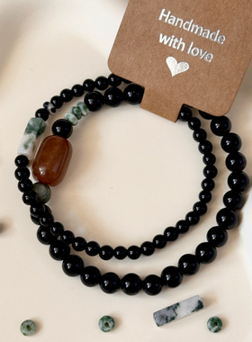 【行舟青山前】原创设计男女款黑玛瑙串珠手链百搭黑色情侣手串