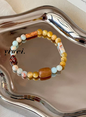 【月枕川】原创手工虎眼石寿山石串珠男女款复古新中式手串饰品