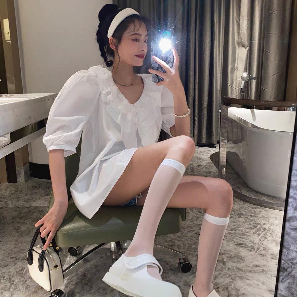 小清新中筒袜白色小腿袜ins潮春夏薄款白色包芯丝透明丝袜日系jk