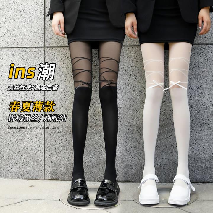 春秋日系绑带蝴蝶结拼接丝袜假大腿袜子女jk纯色假高筒连裤袜