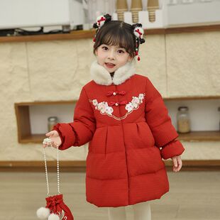 正品亲子女童中国风刺绣羽绒服冬装2025新款中小童加厚拜年服外套