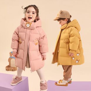 亲子女童卡通羽绒服中长款2026新款冬装中小童加厚白鸭绒外套