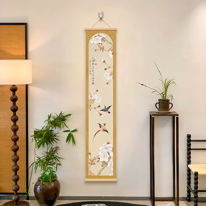 热销新中式花卉装饰画实木卷轴画花鸟归燕玄关挂画书房茶室寓意好图片