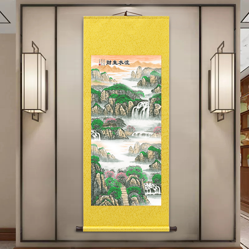 热销旭日东升山水画玄关画新中式客厅装饰画办公室靠山图书房卷轴