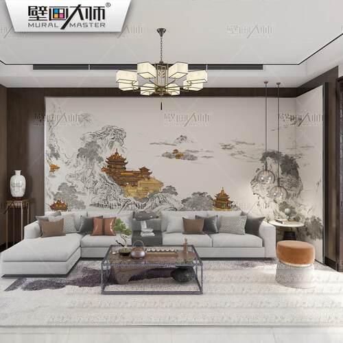 热销新中式山水墙布背景墙壁布描金楼阁壁画客厅沙发卧室茶室壁纸