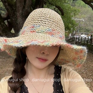 彩色草帽太阳帽子女编织大帽檐夏季透气草帽海边拍照防晒帽大头围