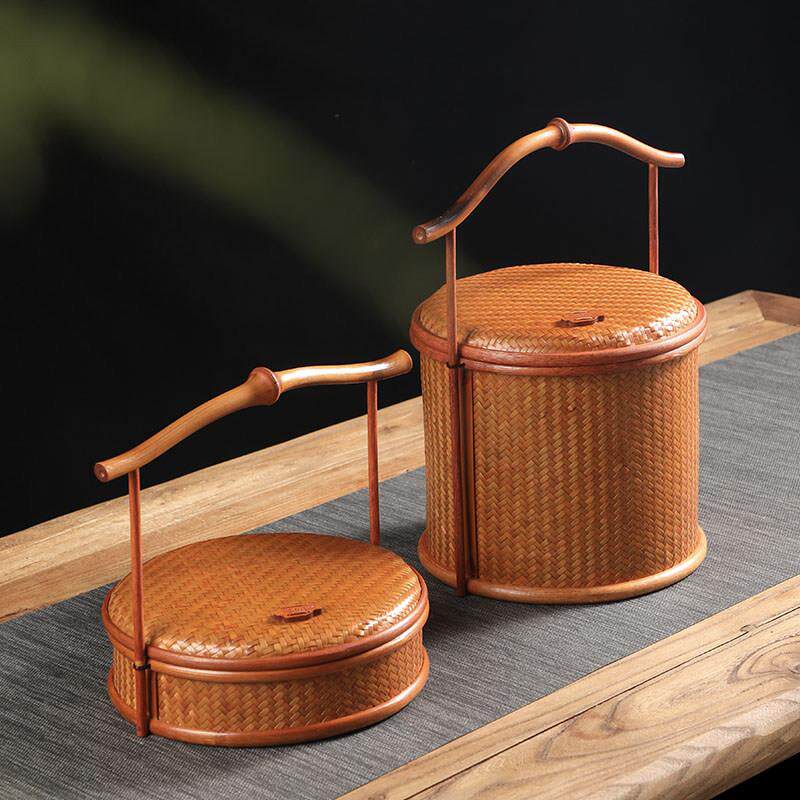 手工竹编提篮筇竹柄带盖食盒中式复古茶具收纳盒家用圆形普洱茶盒