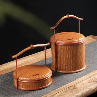 手工竹编提篮筇竹柄带盖食盒中式复古茶具收纳盒家用圆形普洱茶盒