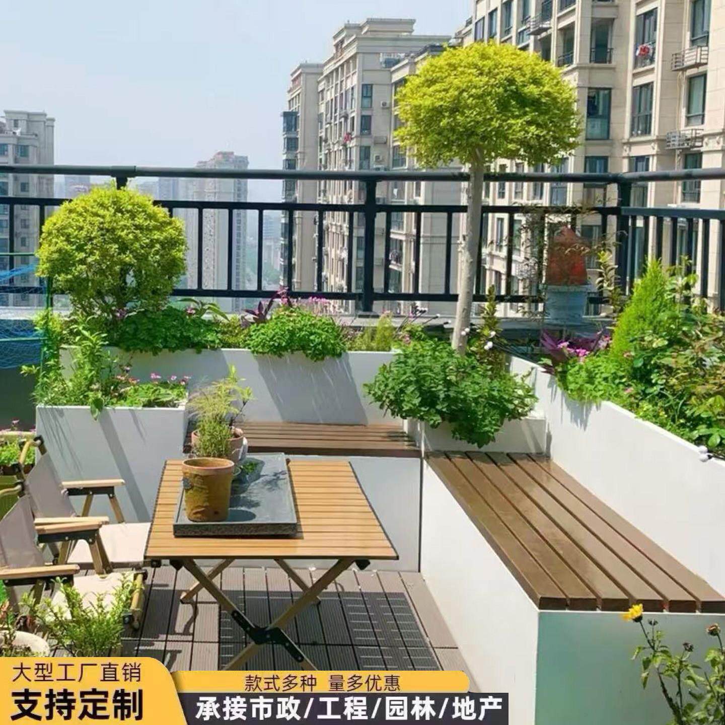 户外不锈钢花箱坐凳组合庭院花园露台室外塑木座椅凳发光景观花坛
