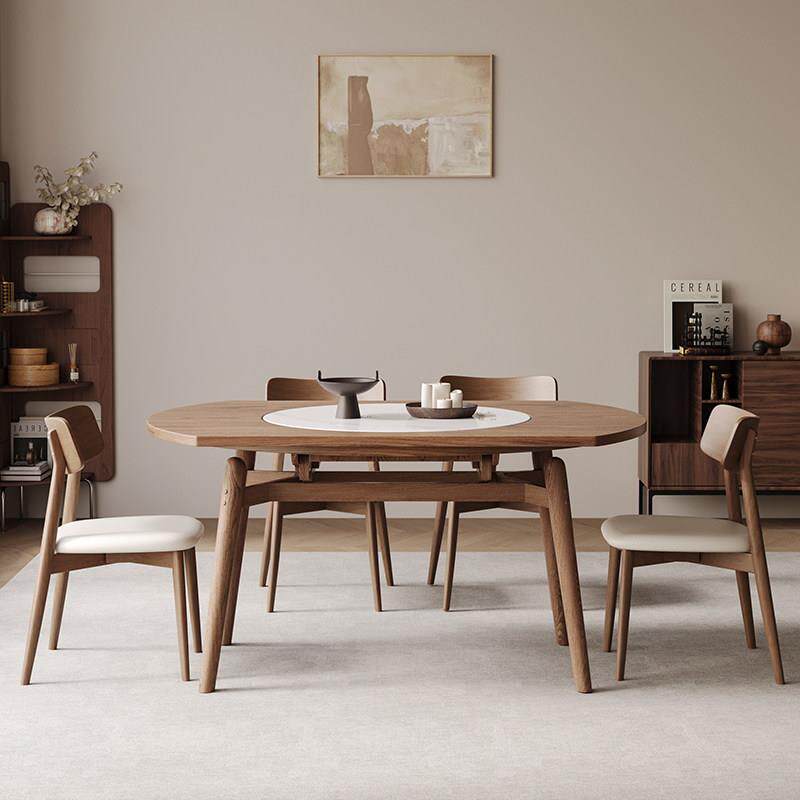 复古实木餐桌椅组合多功能暖菜电磁炉转盘白蜡木伸缩折叠可变圆桌