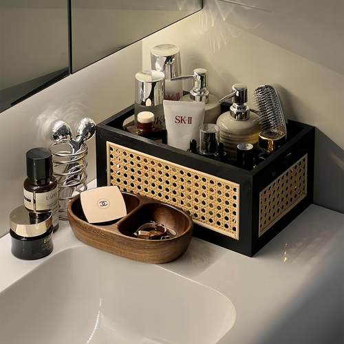 藤编桌面收纳盒收纳筐储物洗漱台置物架整理箱办公室书架文件盒