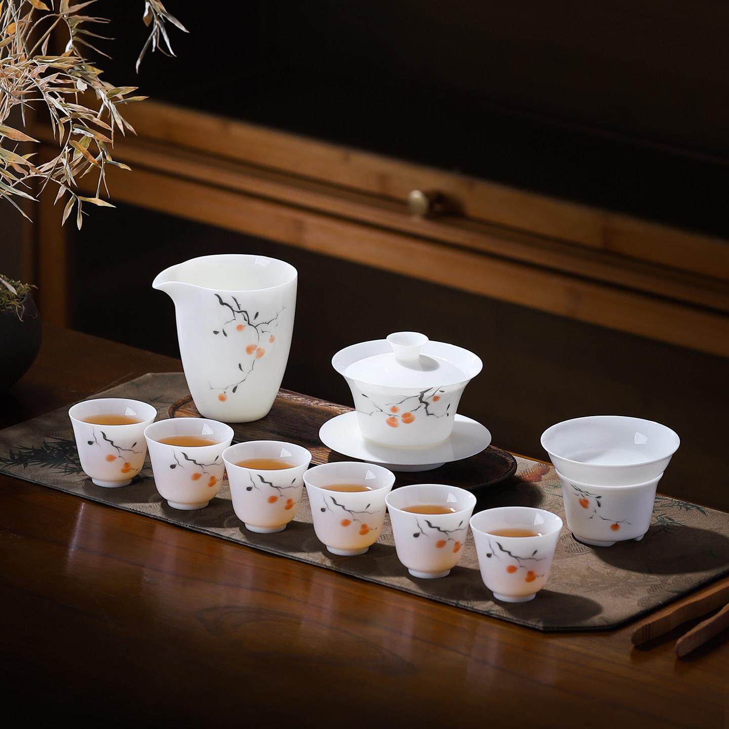 新款薄胎手绘茶具套组轻奢茶杯功夫盖碗白瓷柿子高档家用整套陶瓷