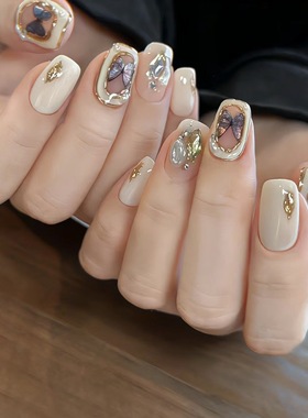 mmuse家-巴洛克蝴蝶穿戴甲片珍珠镶钻美甲甲片成品短圆甲型贴片