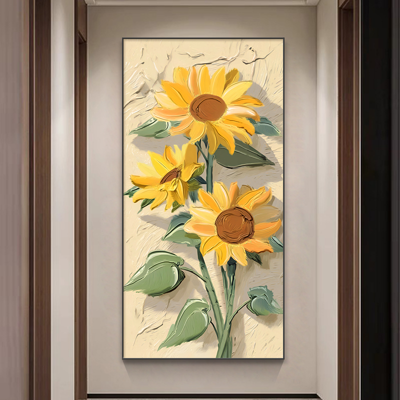 简约现代入户玄关装饰画向日葵浮雕立体感走廊过道挂画正对门壁画图片
