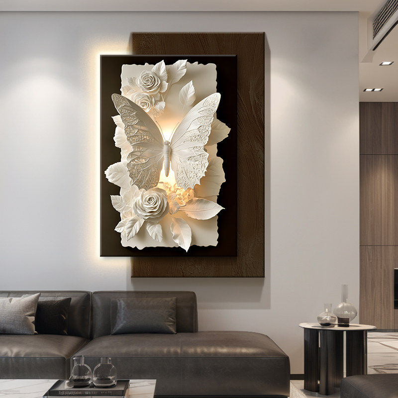 现代简约蝴蝶花卉装饰画客厅带灯立体砂岩画水培绿植玄关走廊挂画