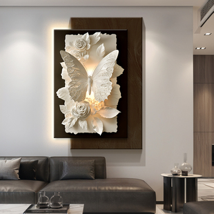 现代简约蝴蝶花卉装饰画客厅带灯立体砂岩画水培绿植玄关走廊挂画