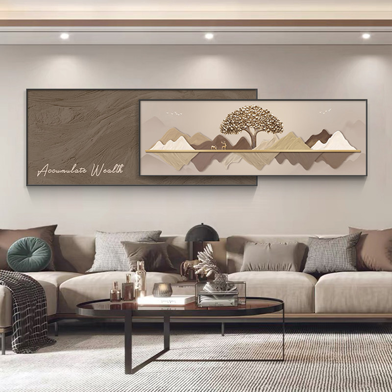 山水画轻奢客厅装饰画背有靠山挂画发财树高档大气沙发背景墙壁画