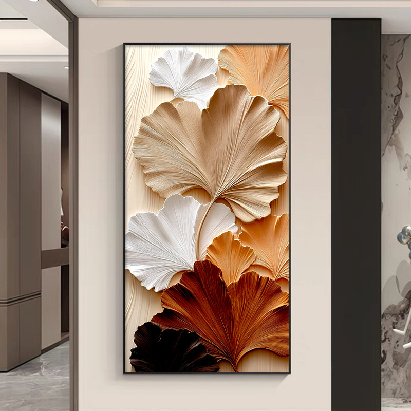 现代简约银杏叶玄关装饰画正对入户门挂画高级感砂岩走廊过道壁画