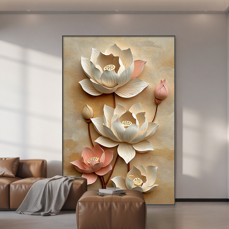 简约现代客厅装饰画立体感荷花砂岩画沙发背景墙壁画玄关走廊挂画图片