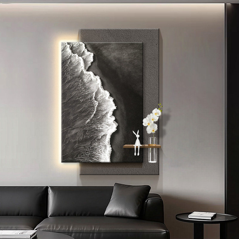 现代简约海浪装饰画客厅高级感水培绿植带灯挂画入户玄关走廊壁画