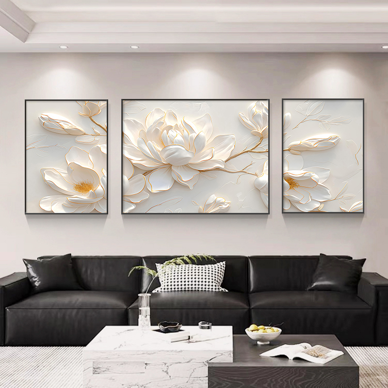 现代简约客厅装饰画抽象艺术玉兰花卉三联画奶油风沙发背景墙壁画图片