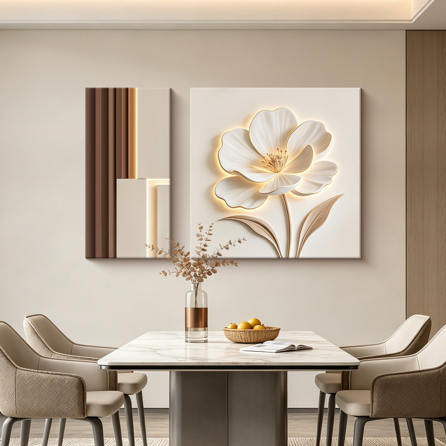奶油风餐厅装饰画现代简约花卉两联饭厅挂画餐桌背景墙壁画砂岩画