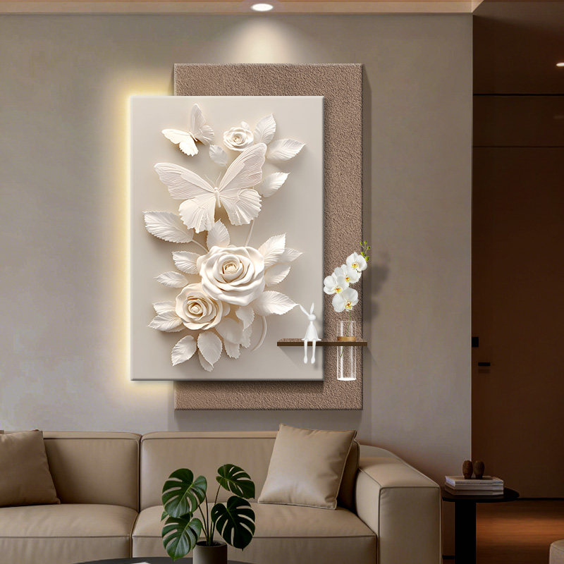 现代简约玫瑰花卉蝴蝶装饰画客厅带灯挂画奶油风玄关水培绿植壁画