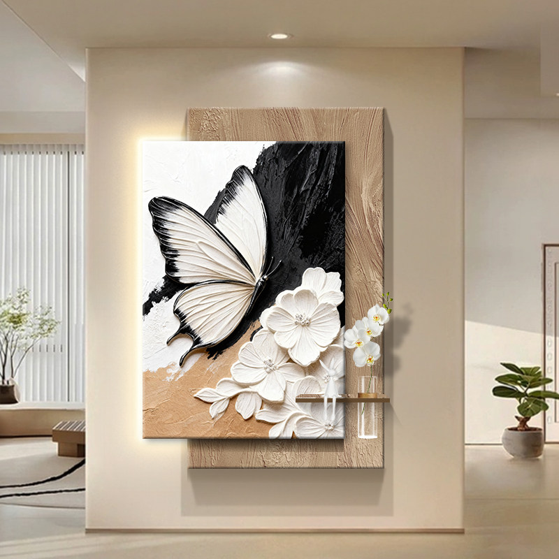 现代简约客厅装饰画高级感水培绿植灯画蝴蝶花卉入户玄关走廊挂画