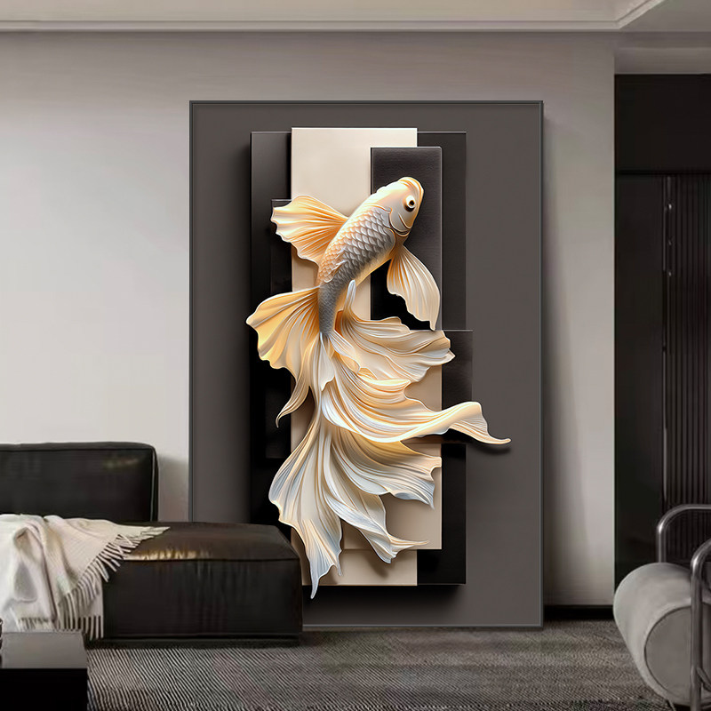 年年有鱼客厅装饰画高级感现代简约砂岩入户玄关沙发背景墙壁挂画