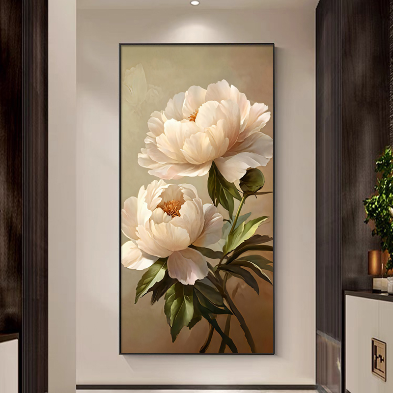 简约花卉入户玄关装饰画牡丹花2025新款走廊尽头挂画客厅过道壁画图片