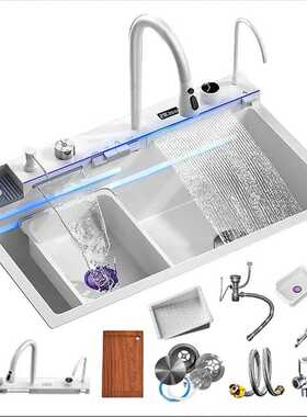 白色鲸鱼水槽奶白色五键多功能厨房水槽鲸鱼双瀑布水槽洗菜盆