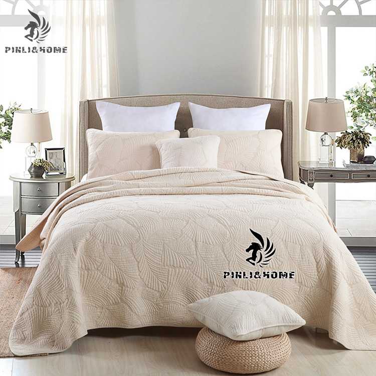 美式纯色绣花绗缝被 床盖纯棉夏季空调被 床上用品三件套