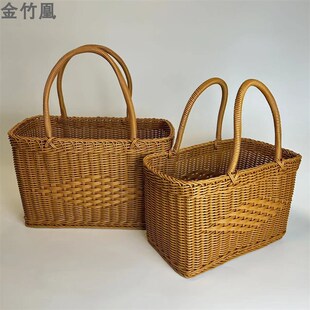 热销野餐外带篮藤篮仿藤编手提篮时尚购物篮收纳筐藤编包日韩系田