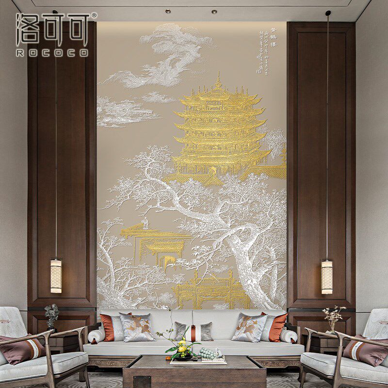 热销2025新中式山水墙纸背景墙壁纸别墅客厅挑高楼阁建筑壁布玄关