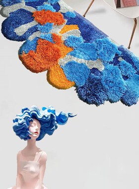 蓝色海洋创意儿童房手工地毯毛绒绒柔软立体高低效果地垫房间装饰