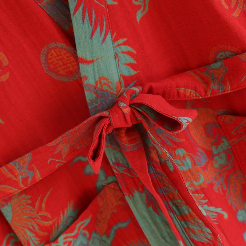 新款纯棉双层纱布睡袍女春秋国风提花浴袍汉服袍红色婚服汗蒸浴衣