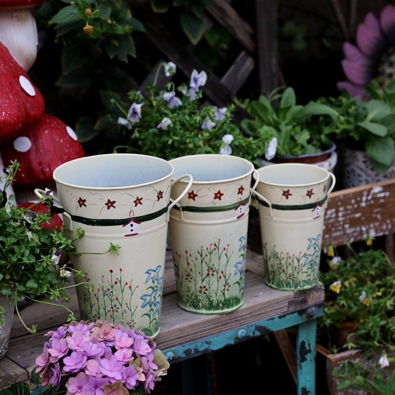 北欧铁皮花桶 家居彩绘花园室内桌面花瓶 花盆收纳桶阳台花器装饰