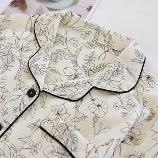 春夏秋薄纯棉泡泡棉纱素花碎花蕾丝宽松长袖翻领家居服睡衣套女