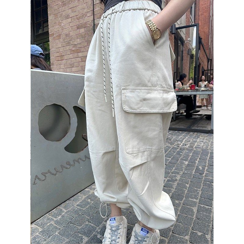 2025春款新款美式高腰抽绳工装裤女酷飒风复古时尚宽松休闲束脚裤