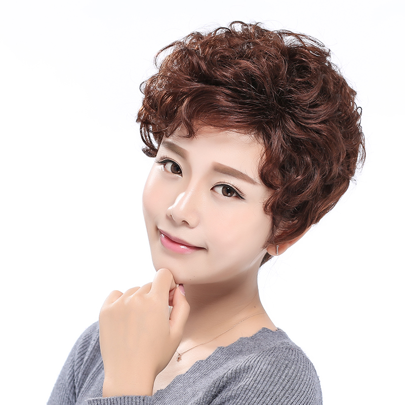 真发假发套女短发自然逼真中老年假发妈妈中年女人短卷发真人发丝