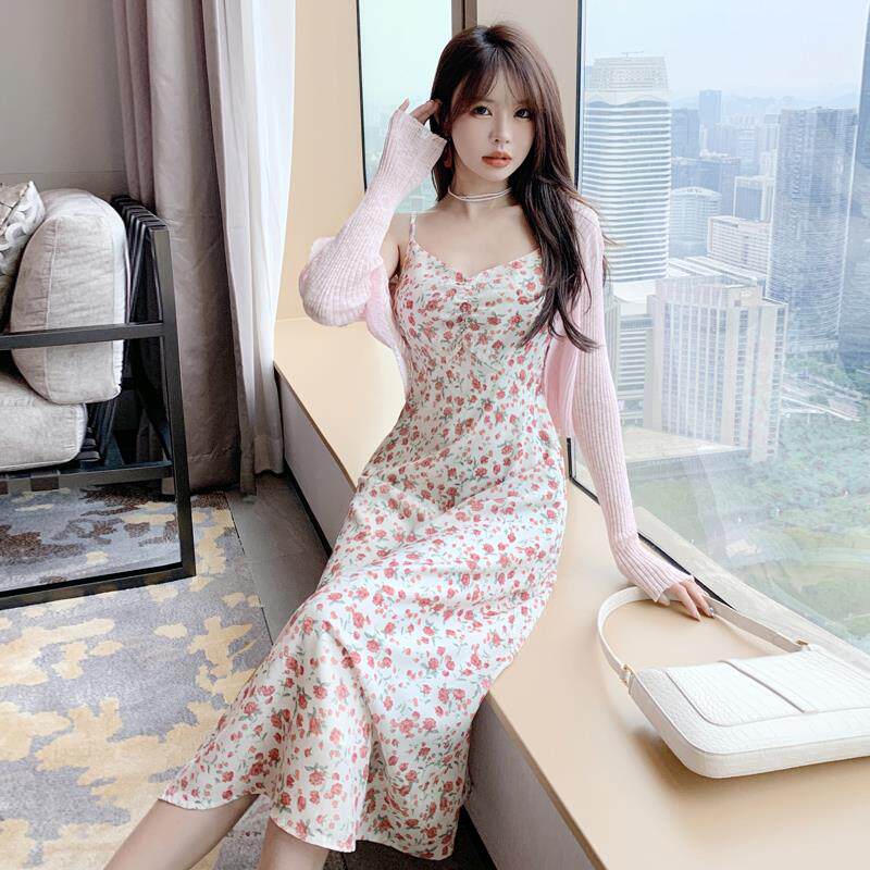 凡尔赛玫瑰连衣裙女粉色绝美吊带温柔系小清新套装裙两件套夏裙子